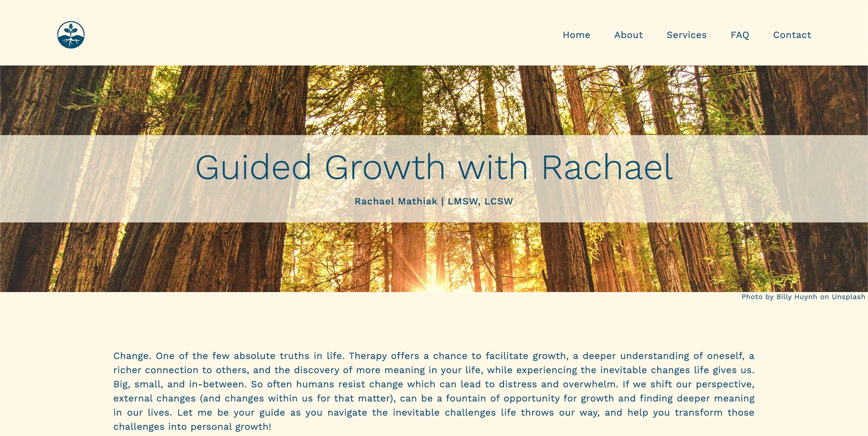Screenshot of landing page for rachaelmathiak.com